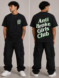 Person wearing a black t-shirt with 'Anti Broke Girls Club' text, front and back views.