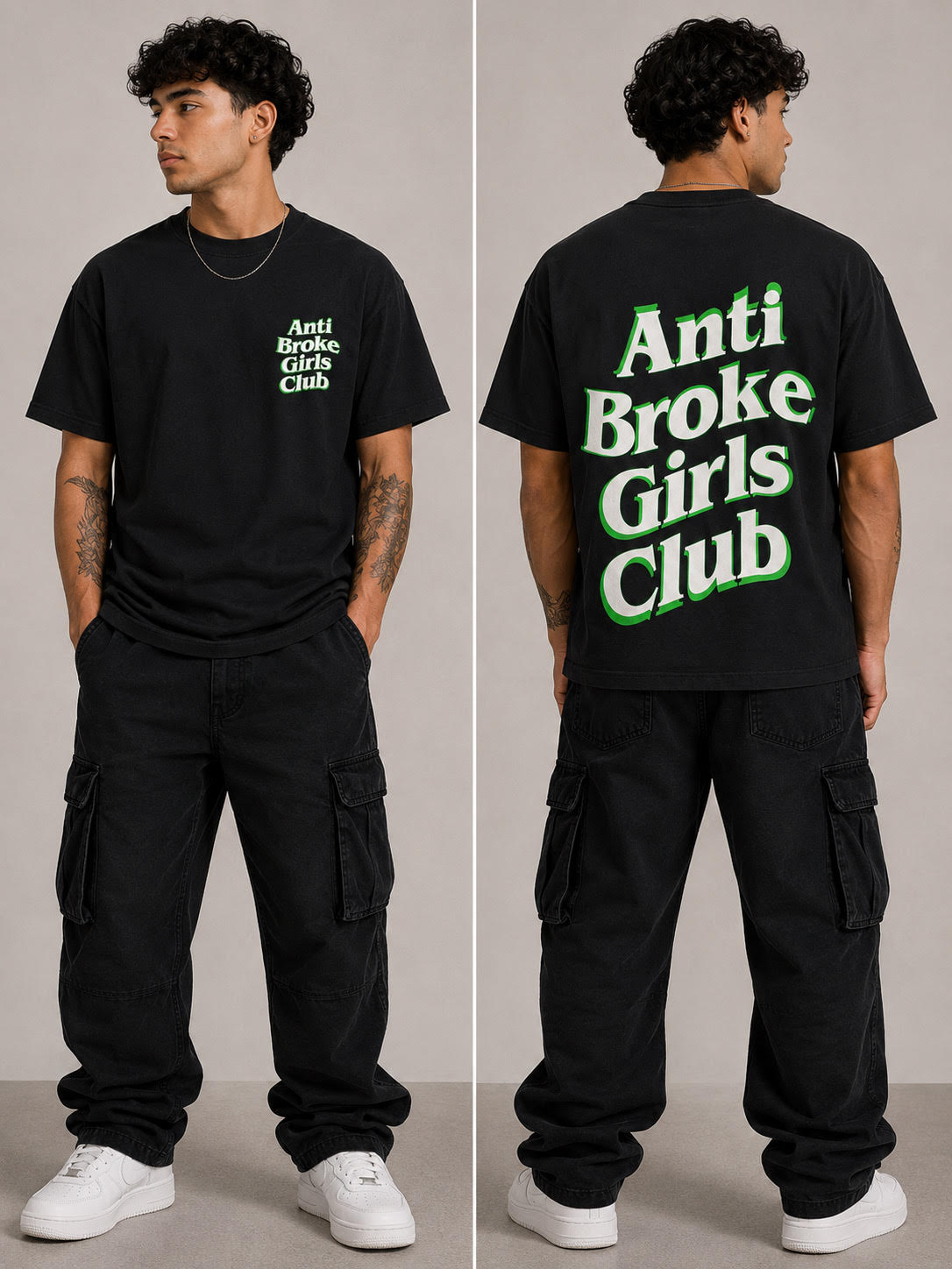 Person wearing a black t-shirt with 'Anti Broke Girls Club' text, front and back views.