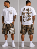 Person wearing a 'Anti Broke Girls Club' t-shirt and camouflage shorts, shown from front and back.
