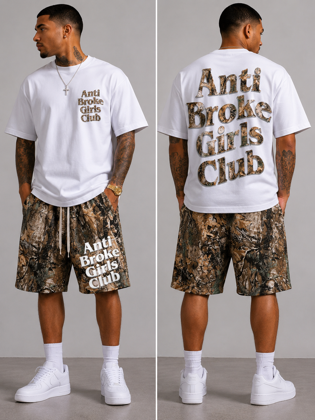 Person wearing a 'Anti Broke Girls Club' t-shirt and camouflage shorts, shown from front and back.
