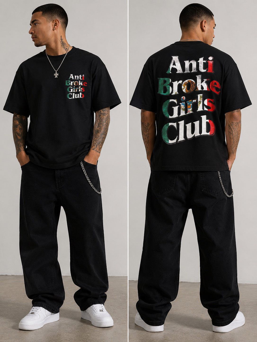 Person wearing a black t-shirt with 'Anti Broke Girls Club' text, facing both front and back.