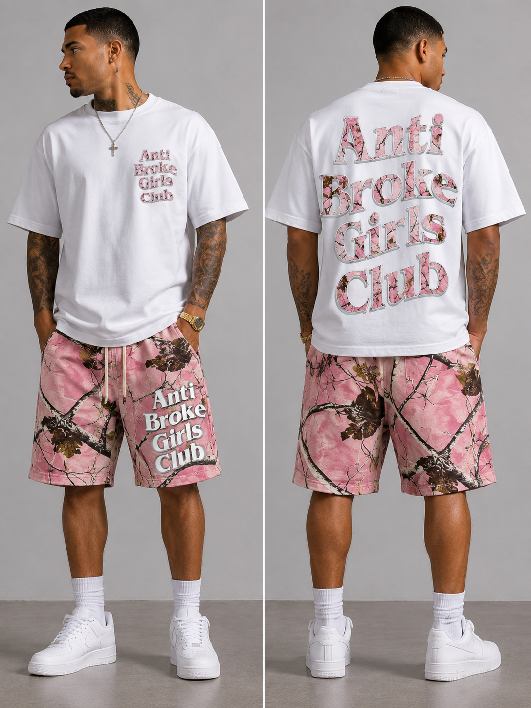 Man wearing 'Anti Broke Girls Club' t-shirt and shorts with pink and brown camouflage pattern.