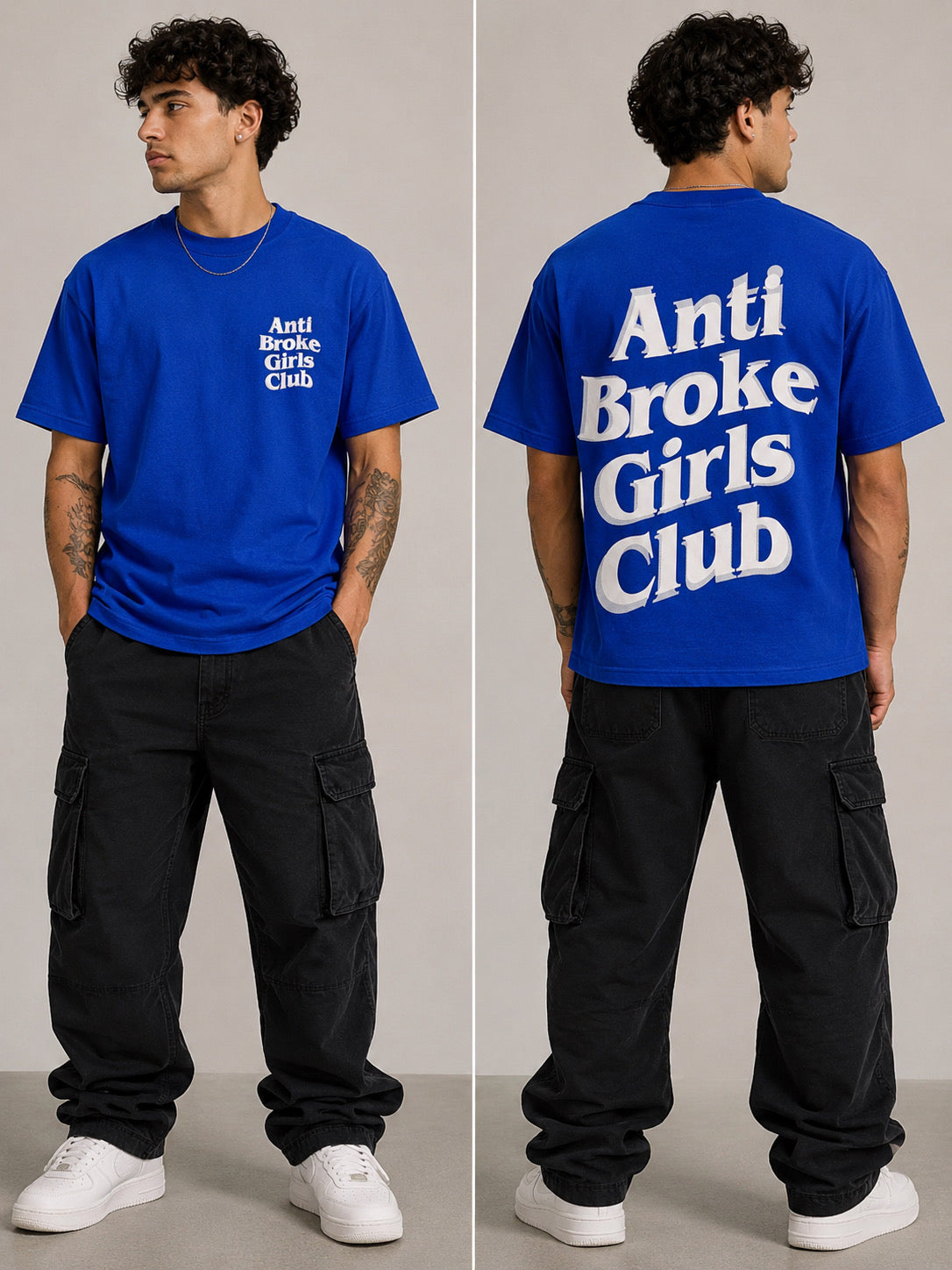 Person wearing a blue 'Anti Broke Girls Club' t-shirt with text on front and back, standing against a neutral background.