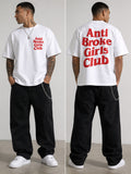 Person wearing a white t-shirt with 'Anti Broke Girls Club' text, shown from front and back.