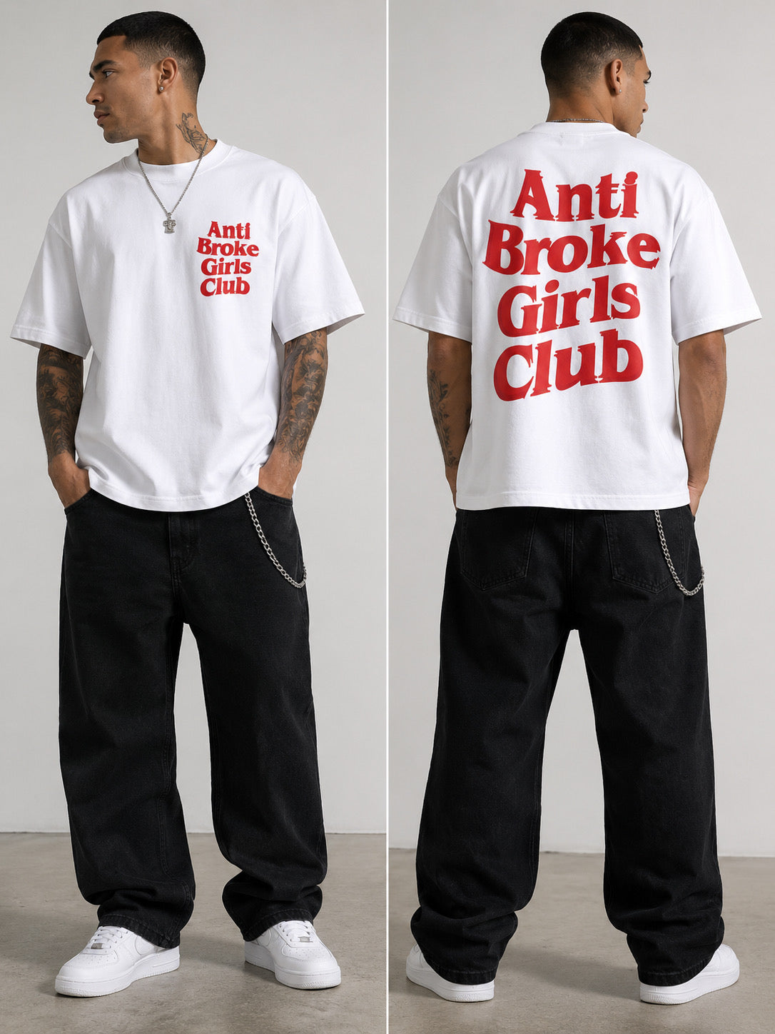 Person wearing a white t-shirt with 'Anti Broke Girls Club' text, shown from front and back.