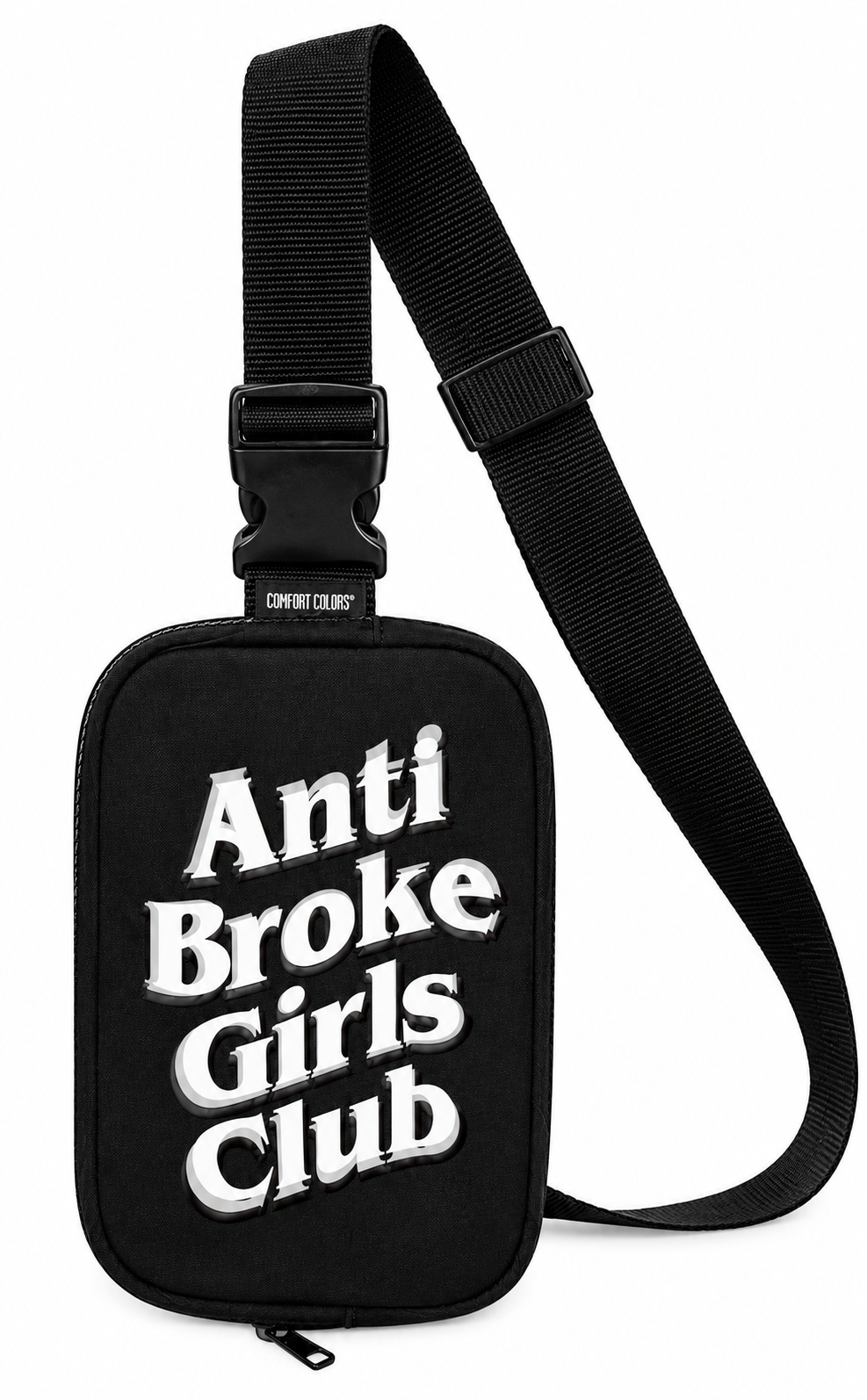 Black crossbody bag with 'Anti Broke Girls Club' text on a white background