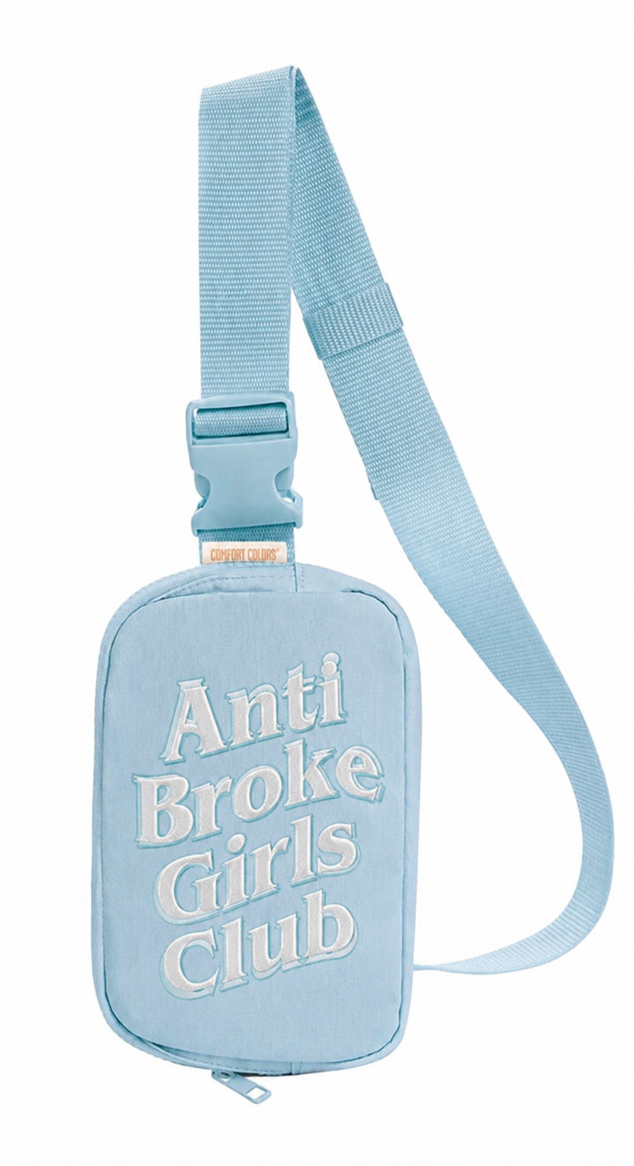 Light blue crossbody bag with 'Anti Broke Girls Club' text on a white background
