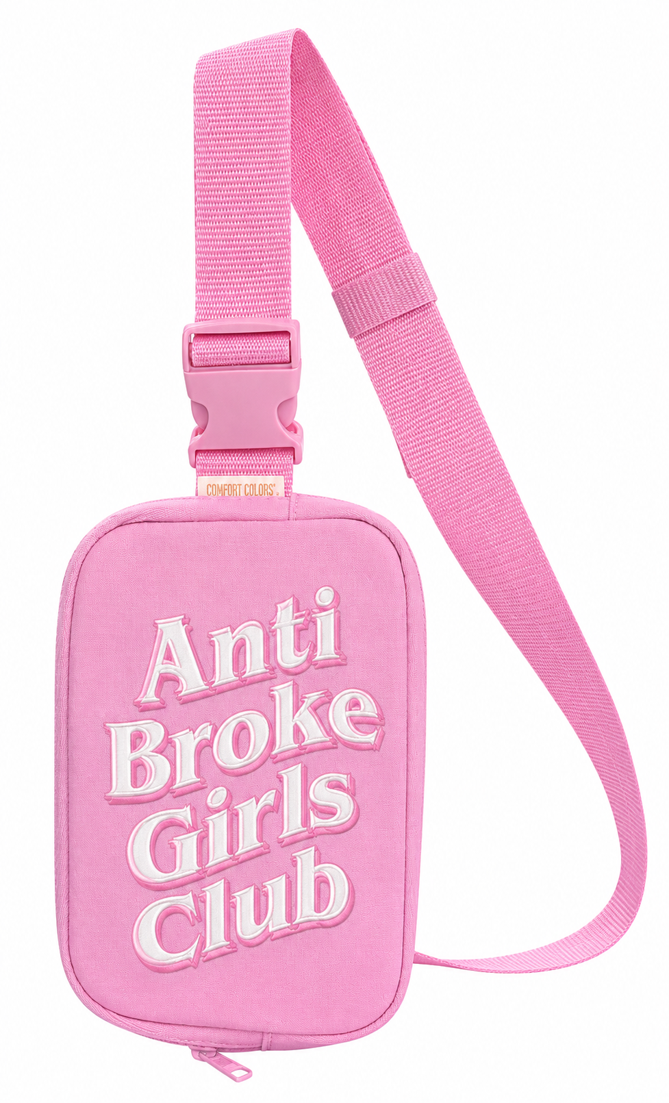 Pink crossbody bag with 'Anti Broke Girls Club' text on a white background
